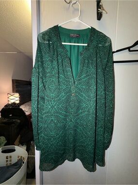 Lane Bryant Dark Green Printed Peasant Blouse